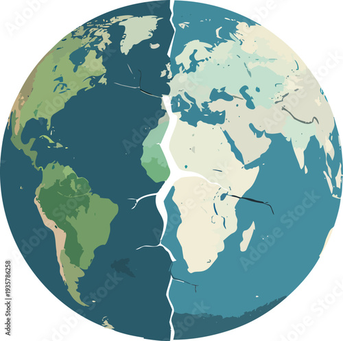 A cracked world globe illustrating global division, environmental crisis, and geopolitical fragmentation.