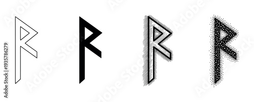 Raido rune symbol set in four different artistic styles including outline, silhouette, engraved hatching, and stippled dotwork for a mystical, ancient Norse alphabet concept