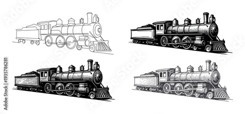 Set of four vintage steam locomotive illustrations showing different graphic styles like line art, detailed engraving, classic woodcut, and dotwork stippling