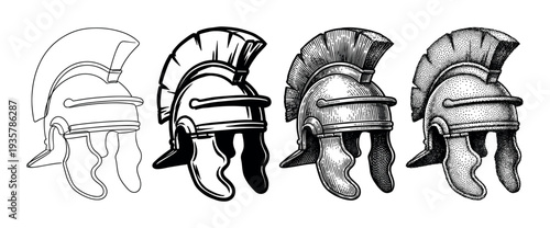 Four ancient Roman or Greek warrior helmets shown in a row with different artistic illustration styles, including line art, graphic, engraving, and stippling techniques