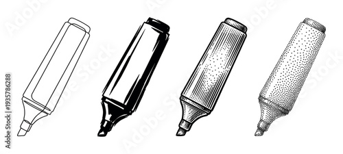 Four highlighter marker pens illustrated in different artistic black and white styles, including outline, silhouette, engraving, and stippling for a graphic design element