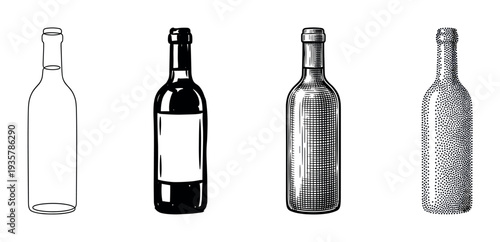 Set of four wine bottles illustrated in a variety of monochrome graphic styles, from simple outline and bold silhouette to detailed engraving and stippling