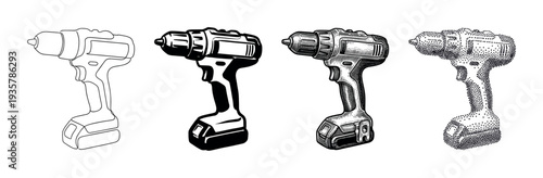 Four cordless power drill illustrations in different artistic styles including line art, silhouette, engraving, and stippling, showing a progression of detail and technique