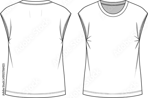 White sleeveless cap sleeve t-shirt technical fashion sketch, crew neck basic top cad drawing flat vector illustration, casual clothing template