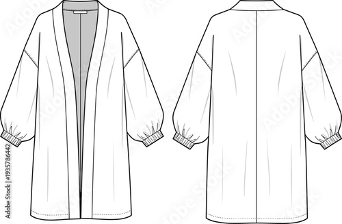 White open front long cardigan technical fashion sketch with balloon sleeves, knitted duster cad drawing flat vector illustration, clothing template