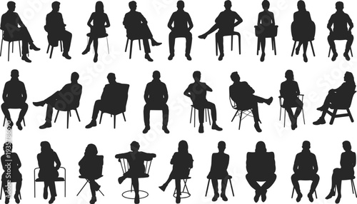 Seated people silhouettes collection, men and women sitting on chairs in various poses, black vector human figures isolated on white