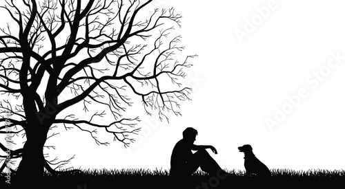 Silhouette of man sitting under bare tree with dog, peaceful companionship scene in nature isolated on white background