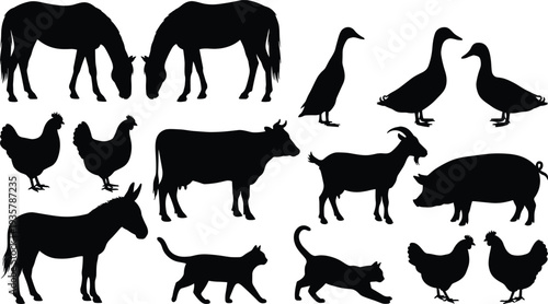 Farm animal silhouette collection including horse cow goat pig chicken duck donkey and cat rural livestock vector set