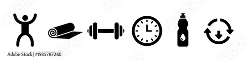 Set of black fitness icons for a healthy lifestyle including a person stretching, yoga mat, dumbbell, clock, water bottle, and repeat symbol for a daily workout routine