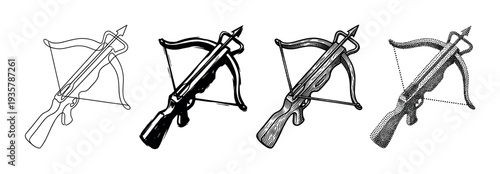 Set of four black crossbow illustrations in different artistic styles including line art, silhouette, vintage engraving, and stippling for a hand-drawn, classic look