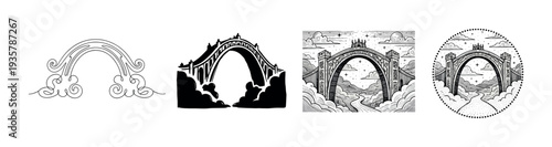 Set of four black and white bridge illustrations showing a design progression from a simple continuous line and silhouette to a detailed fantasy woodcut style artwork