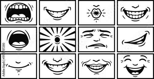 Cartoon mouth expressions silhouette set featuring smiling, laughing, shouting, kissing lips and funny comic face mouth vector collection
