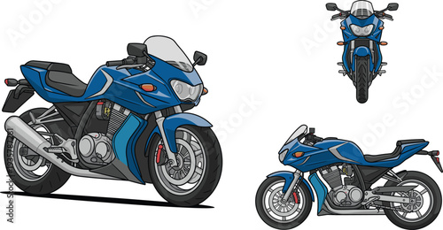 Sport motorcycle vector illustration set, blue racing motorbike front side views, modern superbike design detailed vehicle transport concept