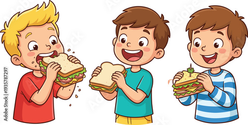 Happy cartoon kids eating fresh sandwiches, cheerful children enjoying lunch snack together, cute colorful hand drawn illustration for school food concept