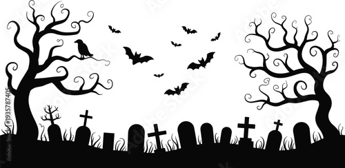 Spooky graveyard silhouette scene, Halloween cemetery illustration, eerie bat artwork, twisted tree design, haunted burial graphic, black gothic horror pattern