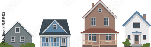 Suburban house collection, four residential home facades, cottage and two-story designs with porches, landscaped yards, real estate and architecture vector illustration set