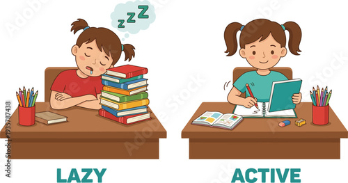 Lazy versus active student comparison illustration showing sleepy child with books and hardworking girl studying at desk educational concept vector