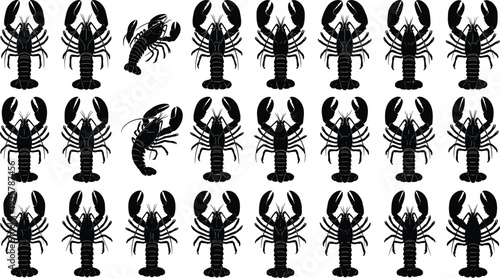 Lobster silhouette collection set isolated black crustacean seafood icons showing different lobster positions marine animal vector illustration