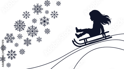 Child sledding downhill with snowflakes winter silhouette illustration showing kid enjoying snowy outdoor activity seasonal vector design