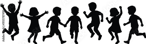 Children playing and jumping silhouette set showing happy kids running, dancing, holding hands and celebrating childhood fun isolated vector illustration