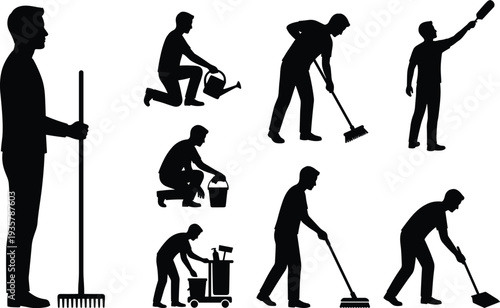 Cleaning worker silhouette set with janitor sweeping, mopping and maintenance tasks, housekeeping staff performing sanitation duties vector illustration collection