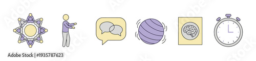Set of six colorful line art icons representing therapy, group support, coaching, communication, fitness, and time management for mental health and personal development