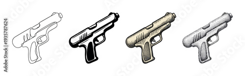 Set of four pistol illustrations showing different artistic techniques including continuous line art, bold outline, vintage engraving, and stippling pointillism for a design collection