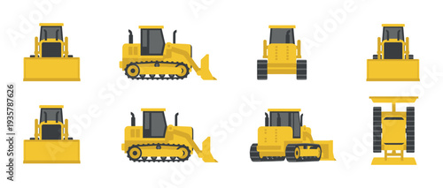 Yellow construction bulldozer heavy machinery vehicle set shown from multiple angles including front, side, back, and top views in a flat vector illustration style