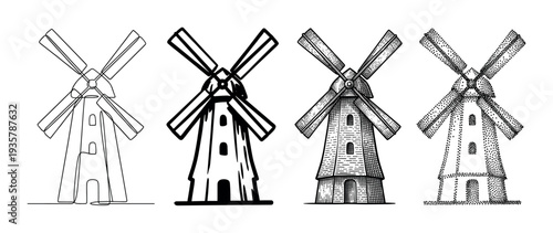 Four traditional windmill illustrations in different artistic styles, including continuous line art, bold silhouette, detailed engraving, and stippling dotwork