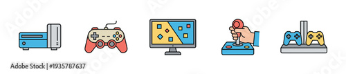 Set of colorful retro video game icons including a console, gamepad, joystick, and monitor in a simple line art illustration style representing digital entertainment