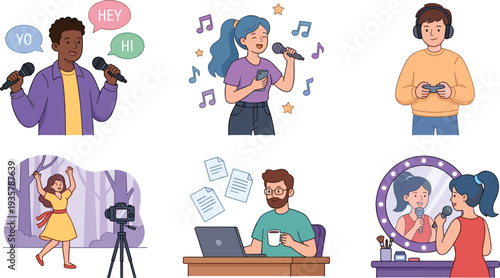 Creative hobbies and activities illustration set including singing gaming dancing vlogging writing and entertainment lifestyle vector collection