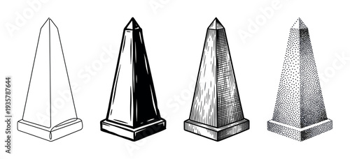 Set of four obelisk monument illustrations showcasing different artistic styles like line art, solid black, crosshatching, and stippling in a monochrome vector design