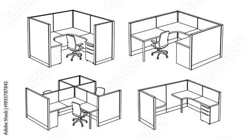 Various office cubicle layouts and workstation designs illustrated