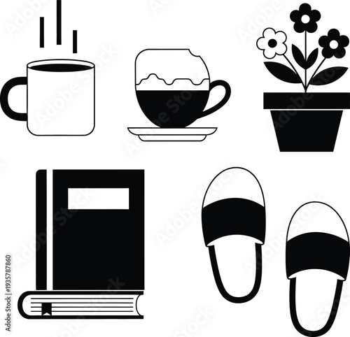 Relaxing morning scene with coffee, book, flowers, and slippers, wqe (290) inspired still life illustration