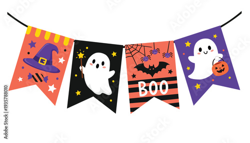 Halloween Bunting Banner with Ghost and Pumpkin Illustration