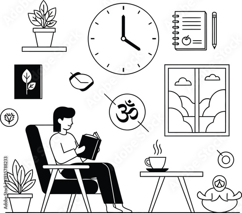 Woman meditates while reading book near steaming coffee in peaceful indoor setting wqe 293