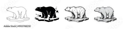 Set of four polar bear illustrations standing on an ice floe, showcasing different artistic styles including line art, solid silhouette, detailed hatching, and halftone dots