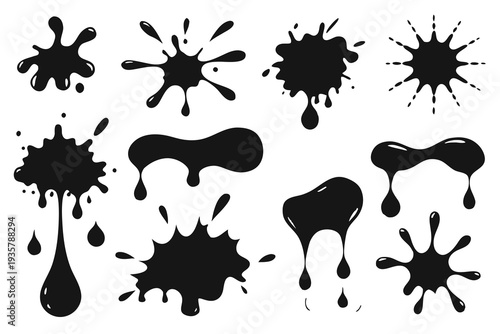 A collection of black ink blots and splashes featuring vector silhouette.