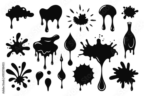 A collection of black ink blots and splashes featuring vector silhouette.