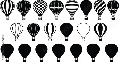Collection of hot air balloon silhouettes with various patterns and shapes isolated set for travel adventure aviation design illustration concept