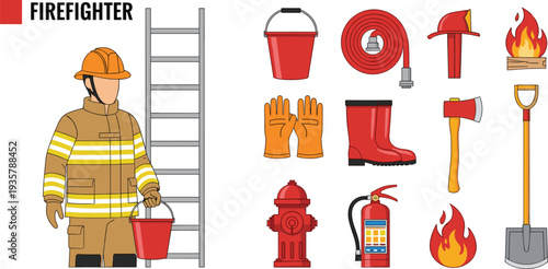 Firefighter equipment set with helmet hose ladder extinguisher and tools