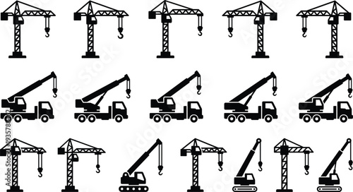 Construction crane and truck crane silhouette collection set isolated heavy lifting machinery icons for building industry engineering equipment illustration
