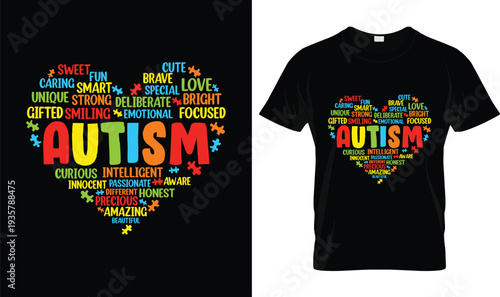 Autism Heart Words Puzzle Awareness Autism T-Shirt, t-shirt design, tshirt, vector, illustration, logo, apparel, typography, Autism