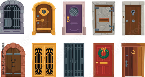 Variety of decorative and rustic door designs collection, wooden and metal entrance doors with frames and wreaths, vintage and modern doorway vector illustrations
