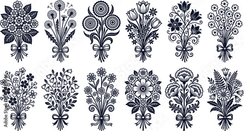 Decorative floral bouquet silhouettes collection with vintage botanical flowers and leaves, elegant ornamental plant arrangements vector illustration set