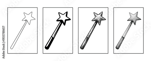 Four black and white magic wands with stars, presented as a set showing different illustration styles from simple outline and silhouette to detailed engraving and stippling dotwork