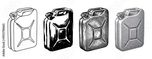 Four black and white jerrycan illustrations presented in a set of different artistic styles including line art, brush stroke, detailed engraving, and halftone dot pattern