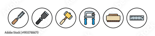 Colorful woodworking and carpentry tool icon set featuring a chisel, scraper, mallet, clamp, sanding block, and ruler in a clean, flat line art illustration style