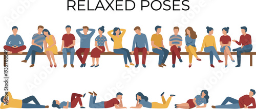 Relaxed people poses collection sitting and lying positions, casual human posture set for character design flat vector illustration