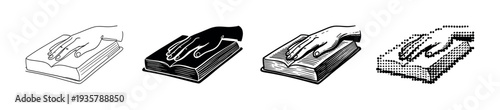 Hand on a book taking an oath icon set in four different graphic styles including line art, silhouette, engraving, and halftone for concepts of law, justice, and truth
